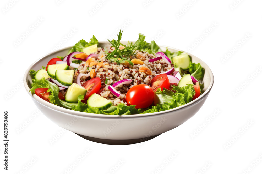 Fresh quinoa salad with cherry tomatoes, cucumbers, red onions, and mixed greens in a white bowl, perfect for a healthy meal. Fresh quinoa salad with cherry tomatoes, cucumbers, red onions, and mixed greens in a white bowl, perfect for a healthy meal.