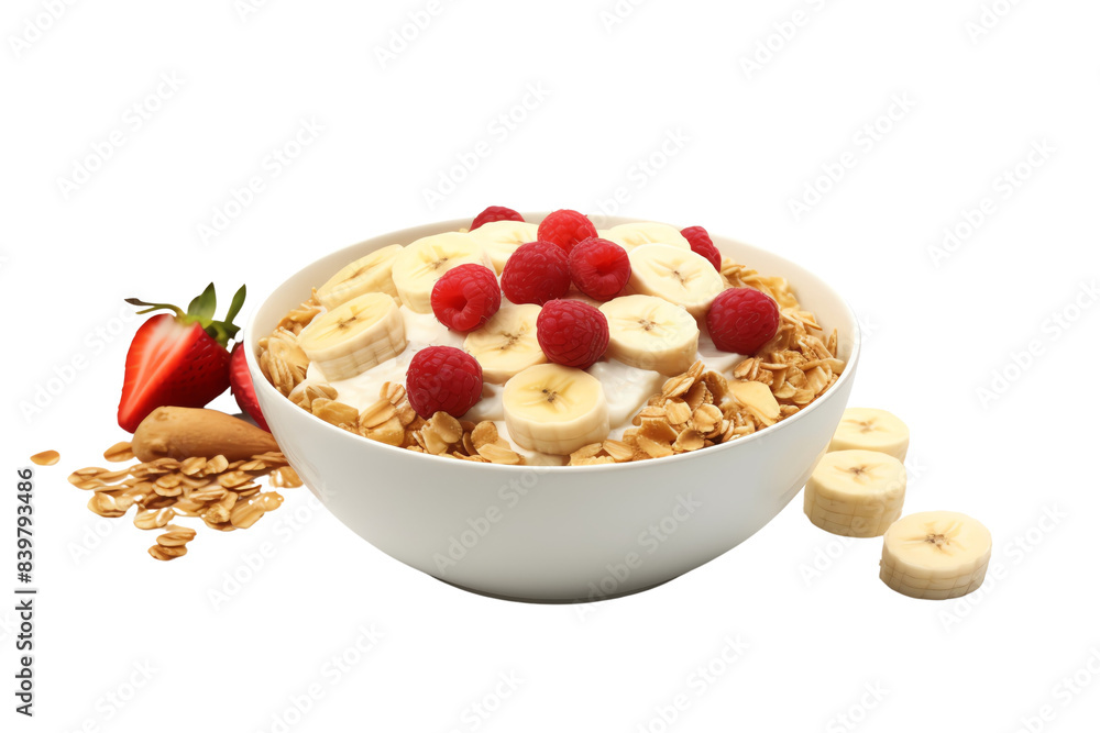 Healthy breakfast bowl with yogurt, granola, sliced banana, raspberries, and a strawberry on the side. Nutritious and delicious morning meal. Healthy breakfast bowl with yogurt, granola, sliced banana, raspberries, and a strawberry on the side. Nutritious and delicious morning meal.