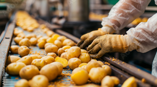 Trabalhador com luvas classificando batatas recém-colhidas em uma linha de produção em uma planta industrial. photo