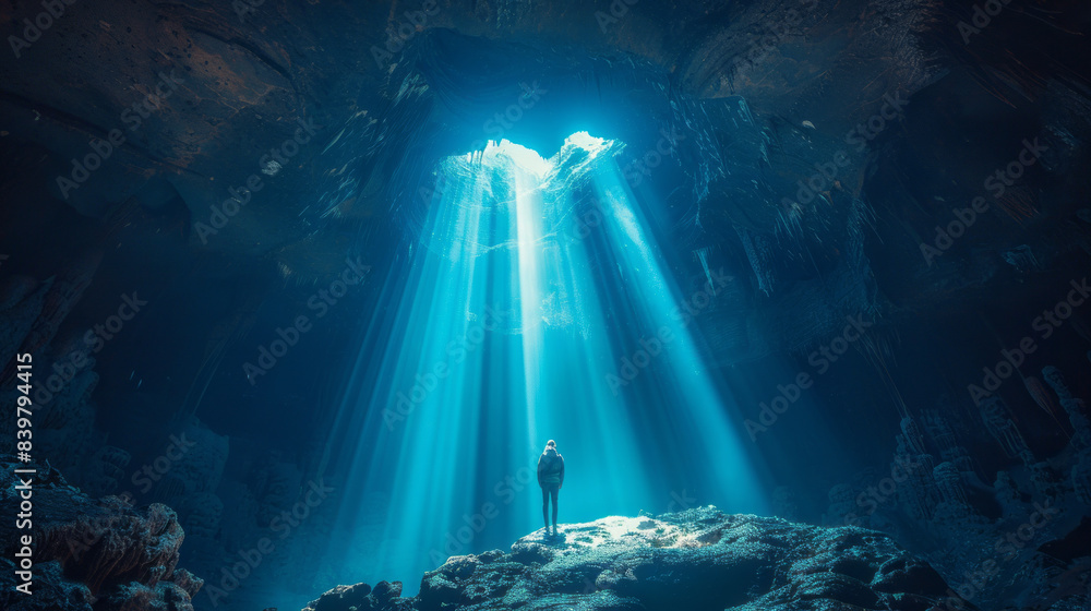 Man in the cave exploration with Ray of light generative ai