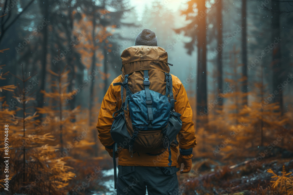 Man, backpack and thinking in outdoor nature for wilderness experience,generative ai