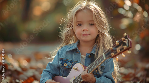 Cute adorable blonde girl playing pink guitar toy outdoor.generative ai photo