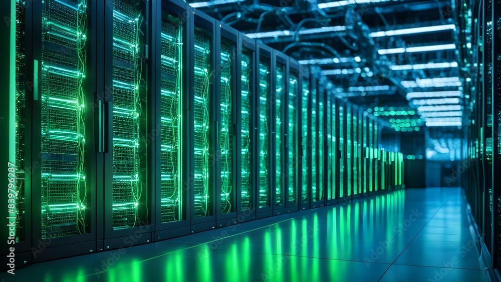 A large room with many green computer servers A large room with many green computer servers