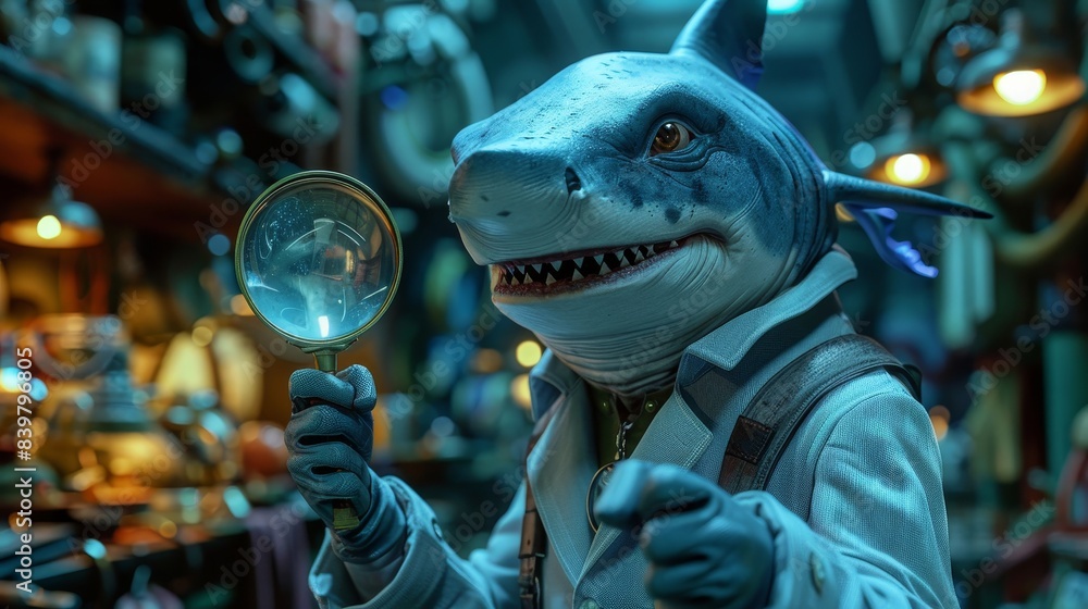 A shark in a white lab coat and gloves, holding a magnifying glass, looks intently at something out of frame. A shark in a white lab coat and gloves, holding a magnifying glass, looks intently at something out of frame.