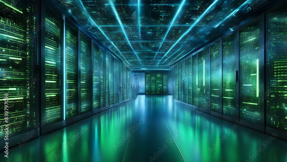 A large room with many computer servers A large room with many computer servers