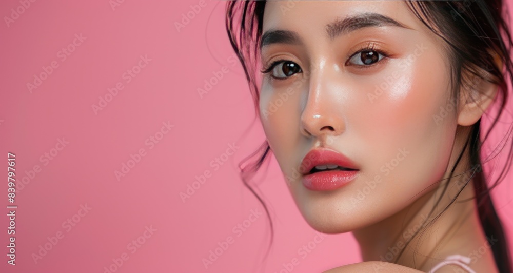 Beauty asian woman with perfect makeup on face and perfect skin on isolated pink background Beauty asian woman with perfect makeup on face and perfect skin on isolated pink background
