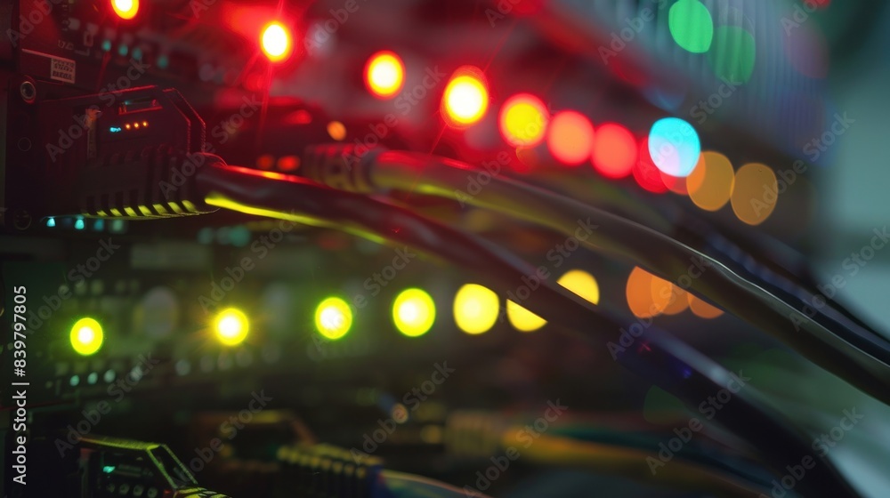 ethernet cables plugged into a server rack with glowing light ethernet cables plugged into a server rack with glowing light