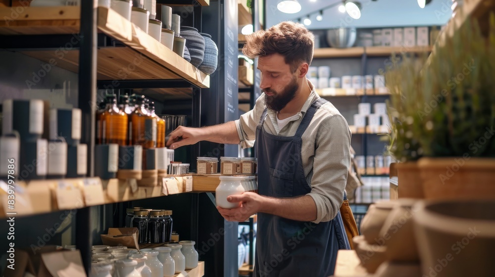 Entrepreneur stocking shelves with freshly arrived inventory, meticulously organizing products to create an inviting display in a modern boutique store