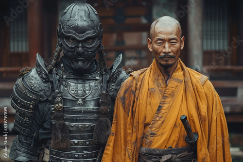 A warrior clad in steel armor standing next to a monk in simple robes. Concept of war vs. peace. Generative Ai.