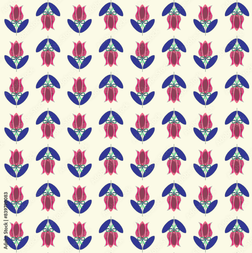 Pink Tulips with Blue Leaves Pattern Seamless Repeat Pink Tulips with Blue Leaves Pattern Seamless Repeat