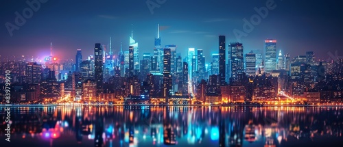 City skyline at night, illuminated buildings, vibrant urban scene, copy space