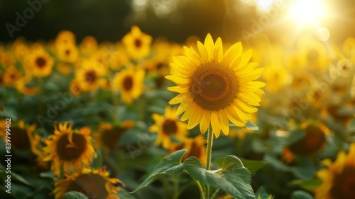 Sunlit field of sunflowers, cheerful and bright, natural beauty, copy space
