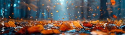 Vibrant autumn leaves on a forest floor  blurred background 