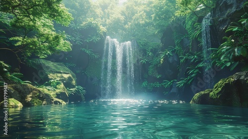 Scenic waterfall in a lush forest, tranquil scene, natural beauty