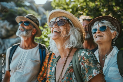 Group of happy senior tourists with backpacks walking through the forest. © Igor