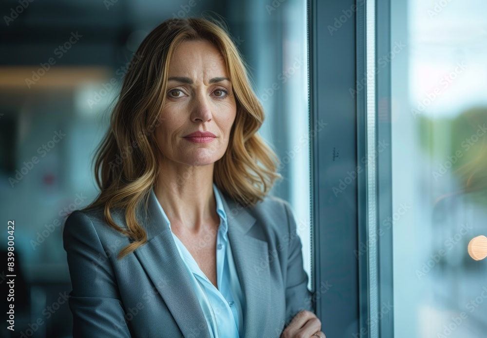 A female executive in a business suit, standing by her office window with a pained expression, looking out thoughtfully A female executive in a business suit, standing by her office window with a pained expression, looking out thoughtfully