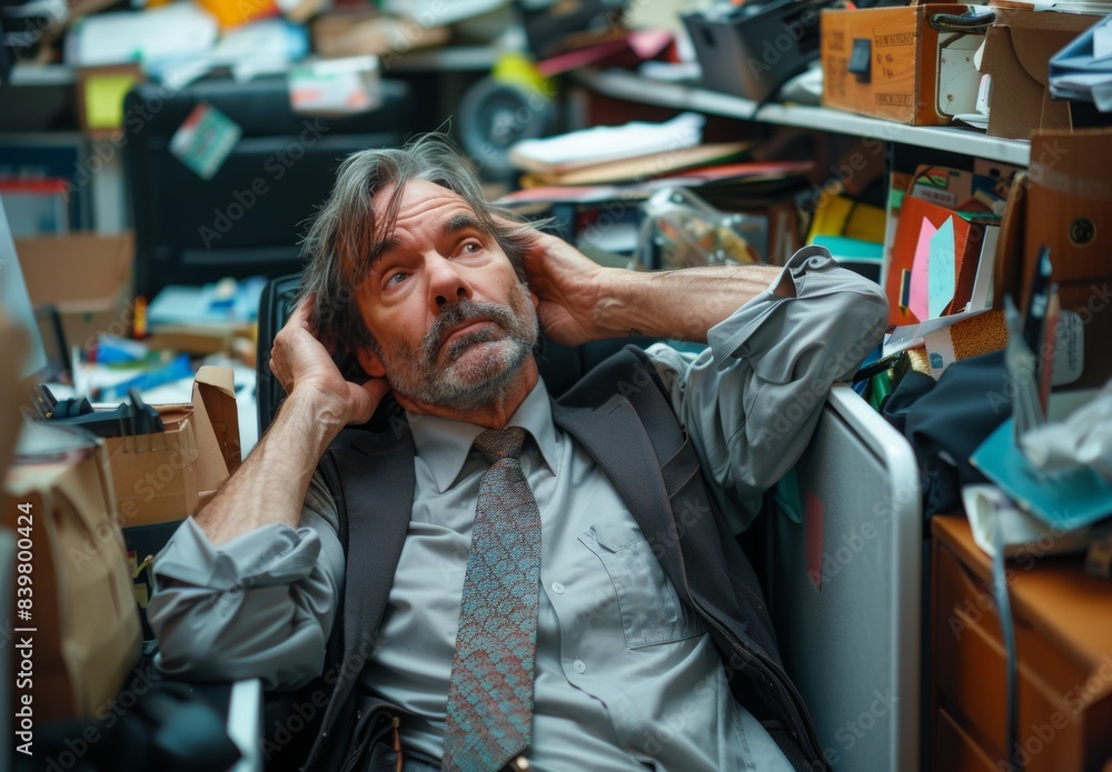 A middle-aged man in a cubicle, loosening his tie and hand rubbing his temples or head, surrounded by office clutter. A middle-aged man in a cubicle, loosening his tie and hand rubbing his temples or head, surrounded by office clutter.