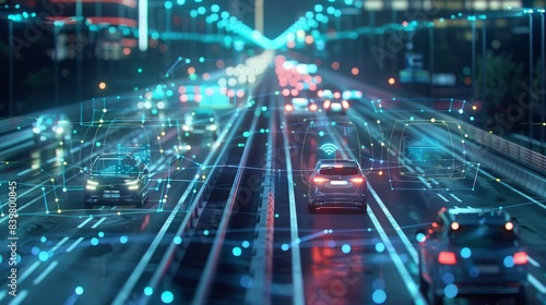 Application of digital twin technology in traffic management, showing icons representing vehicles on roads with holographic images connecting them to data points  © Mentari