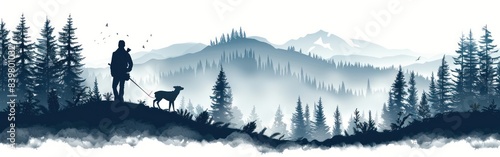 Misty Woods Wildlife Hunt  Hunter and Dog Silhouette in Foggy Forest with Fir Trees - Vector Illustration for Logo  Banner  and Background