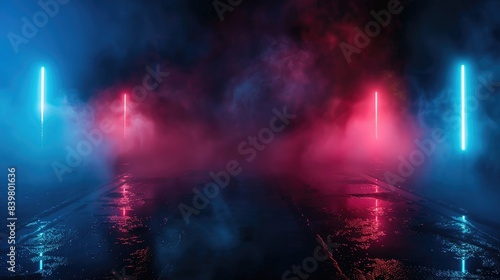 Dark background of the street  thick fog  spotlight  blue and red neon. Abstract background with neon lights  night view.