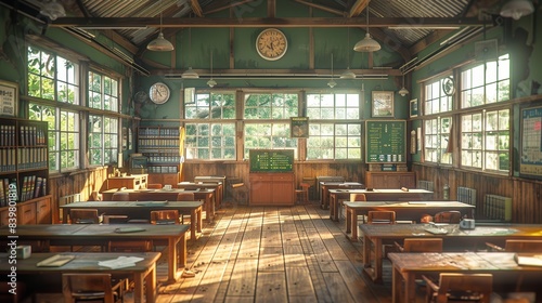 A serene vintage classroom bathed in warm natural light highlights wooden desks  large windows  and nostalgic educational elements