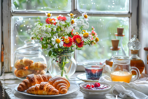 A breakfast with croissants, flowers, and homemade jam by the window, creating a cozy ambiance photo