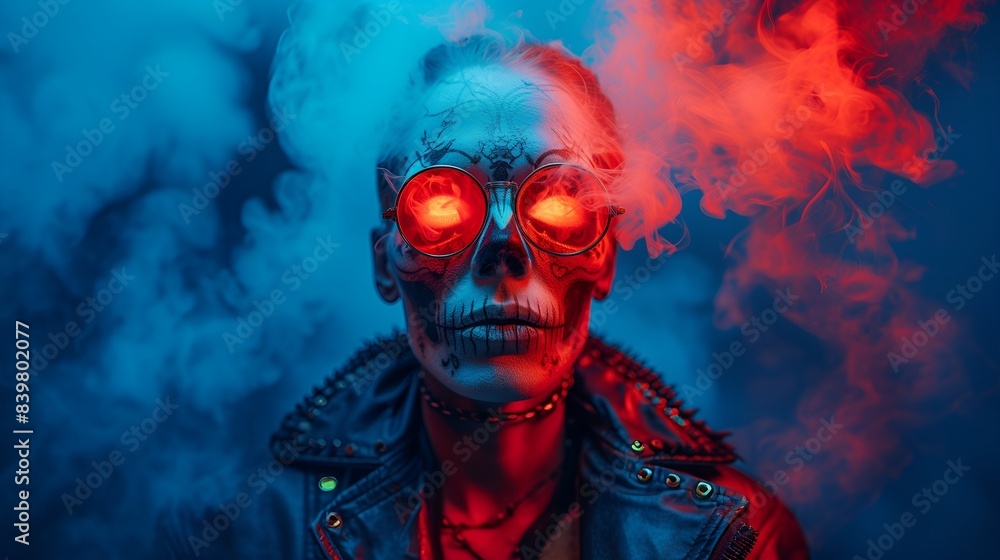 Close-up shot of a person dressed as a skeleton - neon glasses - Halloween - costume party Close-up shot of a person dressed as a skeleton - neon glasses - Halloween - costume party