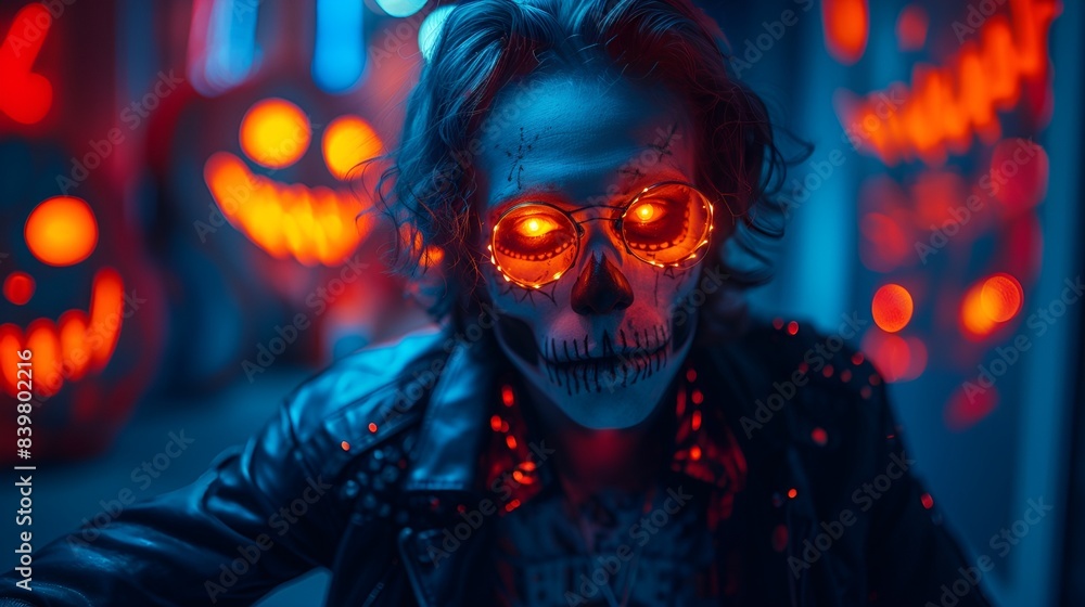Close-up shot of a person dressed as a skeleton - neon glasses - Halloween - costume party Close-up shot of a person dressed as a skeleton - neon glasses - Halloween - costume party