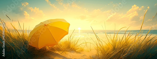 Yellow umbrella on sandy beach blue sky with clouds. Ocean landscape at sunny day, tropical paradise. Summer holiday, travel and vacation concept. Background for banner, poster, flyer with copy space photo