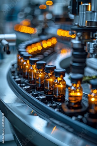 Precision in Production: Close-up of Pharmaceutical Machinery Making Medical Vials on Factory Assembly Line