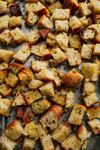 Φωτογραφία cubes of stale sourdough bread with olive oil and herbs on baking sheet to make