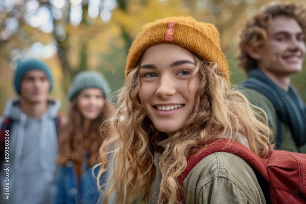 group of smiling students in autumn clothes looking at camera on blurred background group of smiling students in autumn clothes looking at camera on blurred background