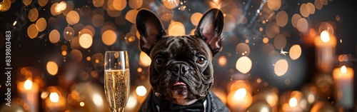 Festive Frenzy: French Bulldog in Suit & Tie Toasts with Champagne under Fireworks on New Year's Eve Banner & Greeting Card © hisilly