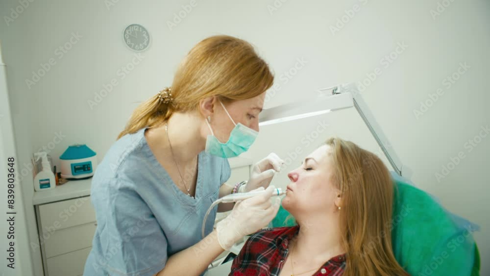 The laser vascular removal procedure in the medical office, performed by a female doctor. Professional dermatology and cosmetology are your allies in care. High quality 4k footage The laser vascular removal procedure in the medical office, performed by a female doctor. Professional dermatology and cosmetology are your allies in care. High quality 4k footage