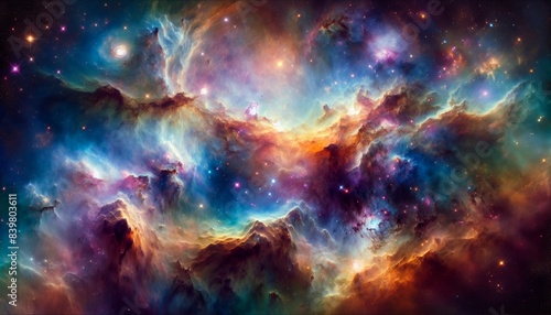 Colorful nebular galaxy stars and clouds as stary night cosmos. Supernova background wallpaper photo