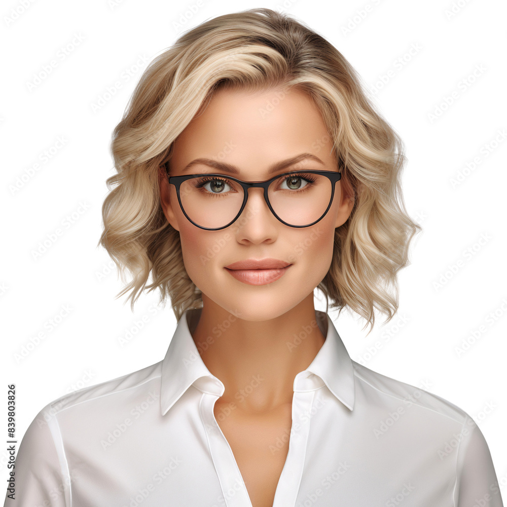 Obraz premium Portrait of a smiling business woman wearing glasses with short blonde hair, isolated on transparent background