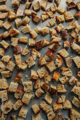 cubes of stale bread with seasoning on baking sheet to make croutons
