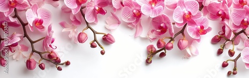Panoramic Pink Orchid Blooms  A Beautiful Isolated Orchidaceae Branch on White Background for Banners and Backgrounds