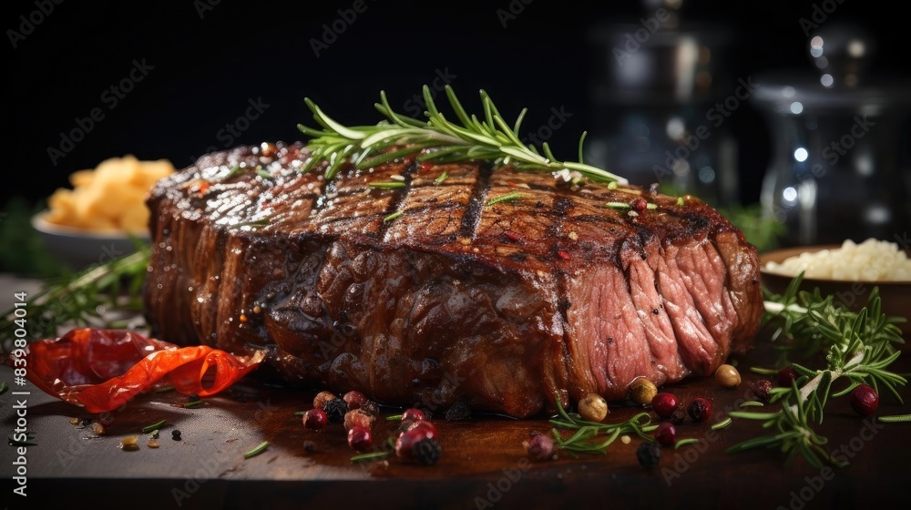 Grilled steak with melted barbeque sauce on a black and blurry background Grilled steak with melted barbeque sauce on a black and blurry background
