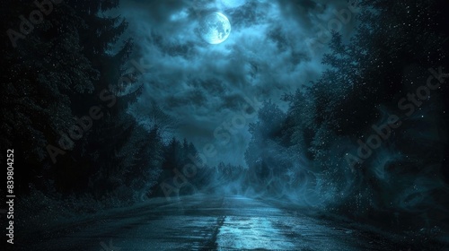 Dramatic nature background. Terrible forest at night. Cloudy night sky  moonlight  reflection on the pavement. Smoke and fog on a dark street at night.