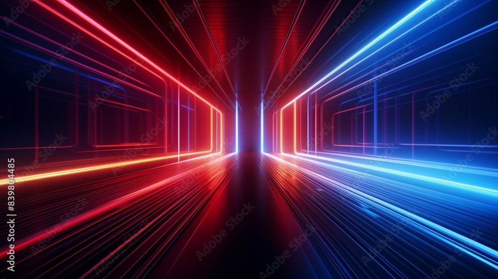 Futuristic Neon Tunnel with Red and Blue Lights Creating Dynamic Perspective. Futuristic Neon Tunnel with Red and Blue Lights Creating Dynamic Perspective.