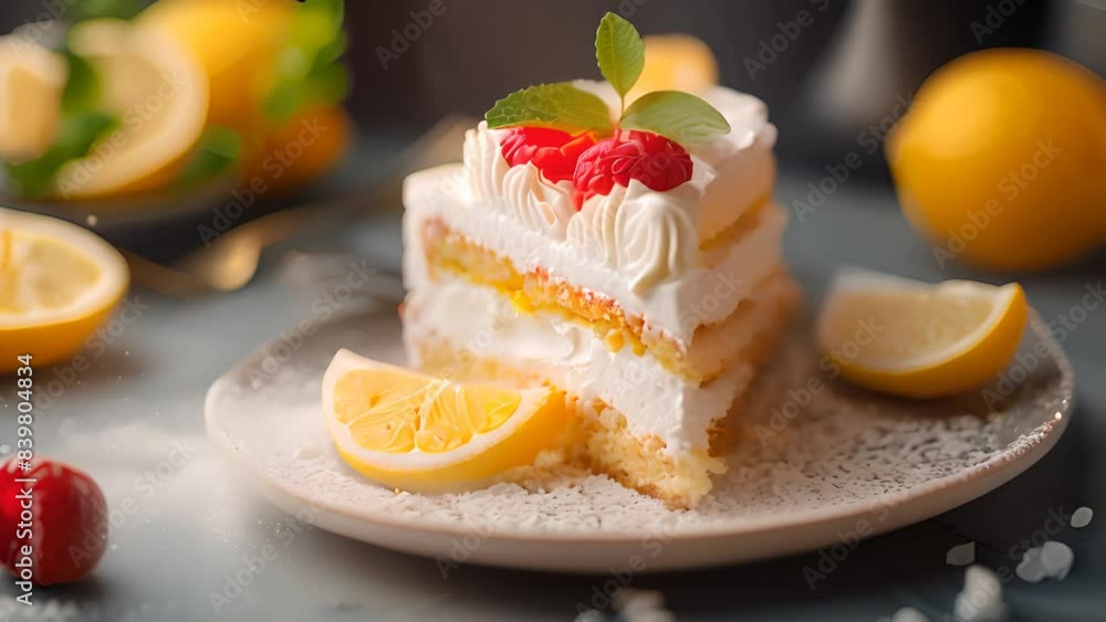Lemon Cake Slice with Cream and Raspberries with Ai generated.
Lemon Cake Slice with Cream and Raspberries with Ai generated.