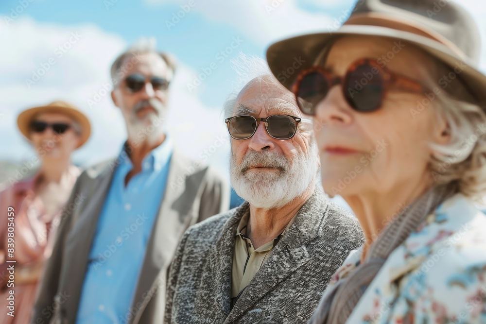 Group of senior friends standing together and looking at camera. Group of elderly people wearing sunglasses. Group of senior friends standing together and looking at camera. Group of elderly people wearing sunglasses.