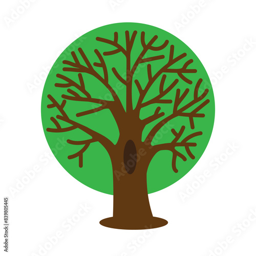 Tree icon design. Brown trunk and branches. Green circular background. Vector illustration.