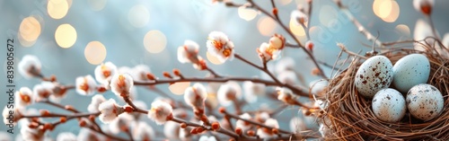 Quail Easter Eggs and Catkins in Nest on White Table - Happy Easter Banner Background Greeting Card