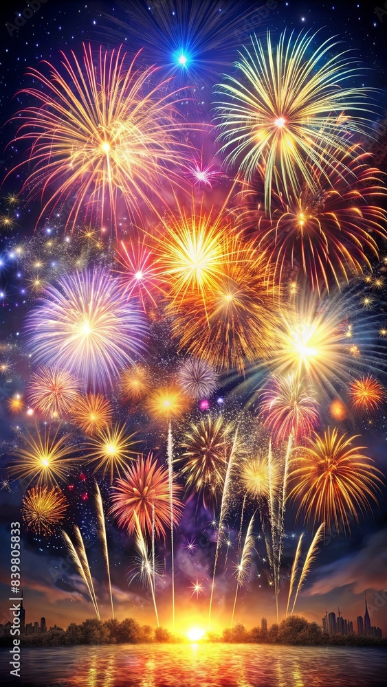 Naklejka premium A colorful fireworks display in the sky with a sunset in the background