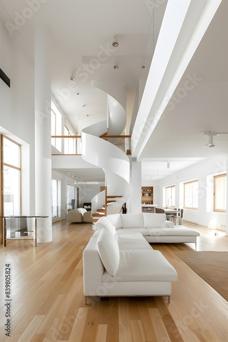 A two-story living room with white walls and a wooden floor  a sofa in the center of the space  a spiral staircase on one side  modern furniture in a minimalistic style