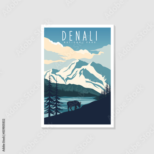 Denali National Park poster illustration, beautiful aurora on the mountain scenery poster design