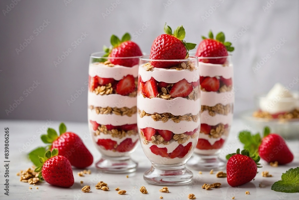 Strawberry Parfait: a layered strawberry parfait in a tall, clear glass. Alternate layers of Greek yogurt, fresh strawberry slices, granola, and a drizzle of honey. Strawberry Parfait: a layered strawberry parfait in a tall, clear glass. Alternate layers of Greek yogurt, fresh strawberry slices, granola, and a drizzle of honey.