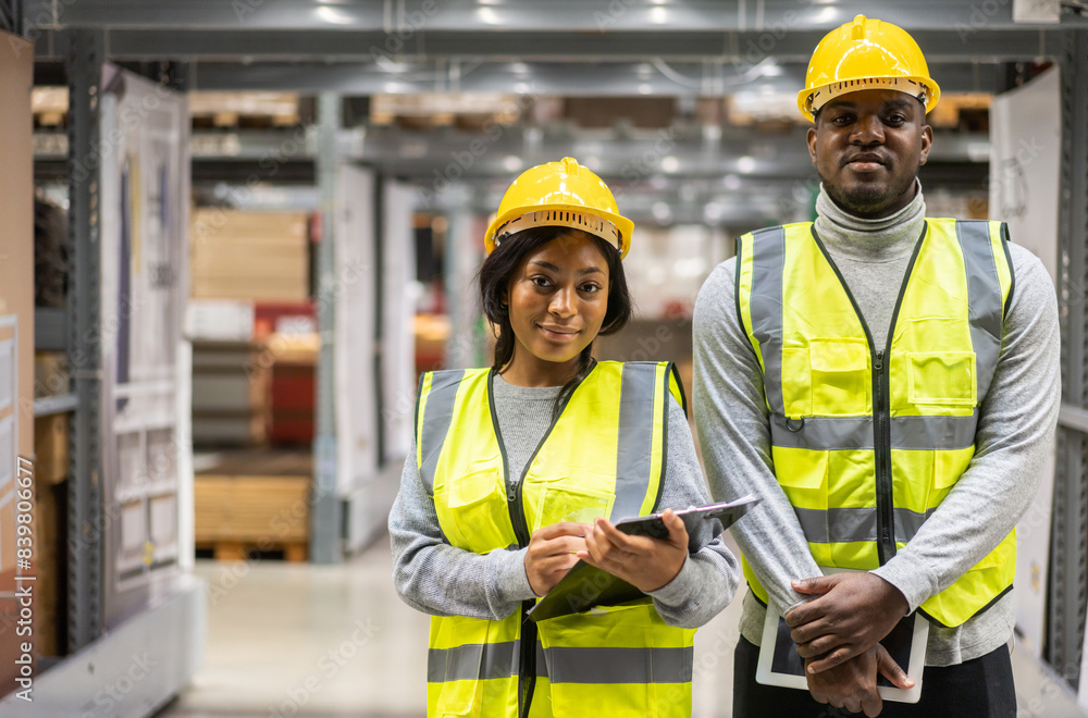 Portrait african american engineer team shipping order detail on tablet export and import,goods,factory,warehouse,international trade,transportation,cargo ship,logistic,distribution.business industry Portrait african american engineer team shipping order detail on tablet export and import,goods,factory,warehouse,international trade,transportation,cargo ship,logistic,distribution.business industry